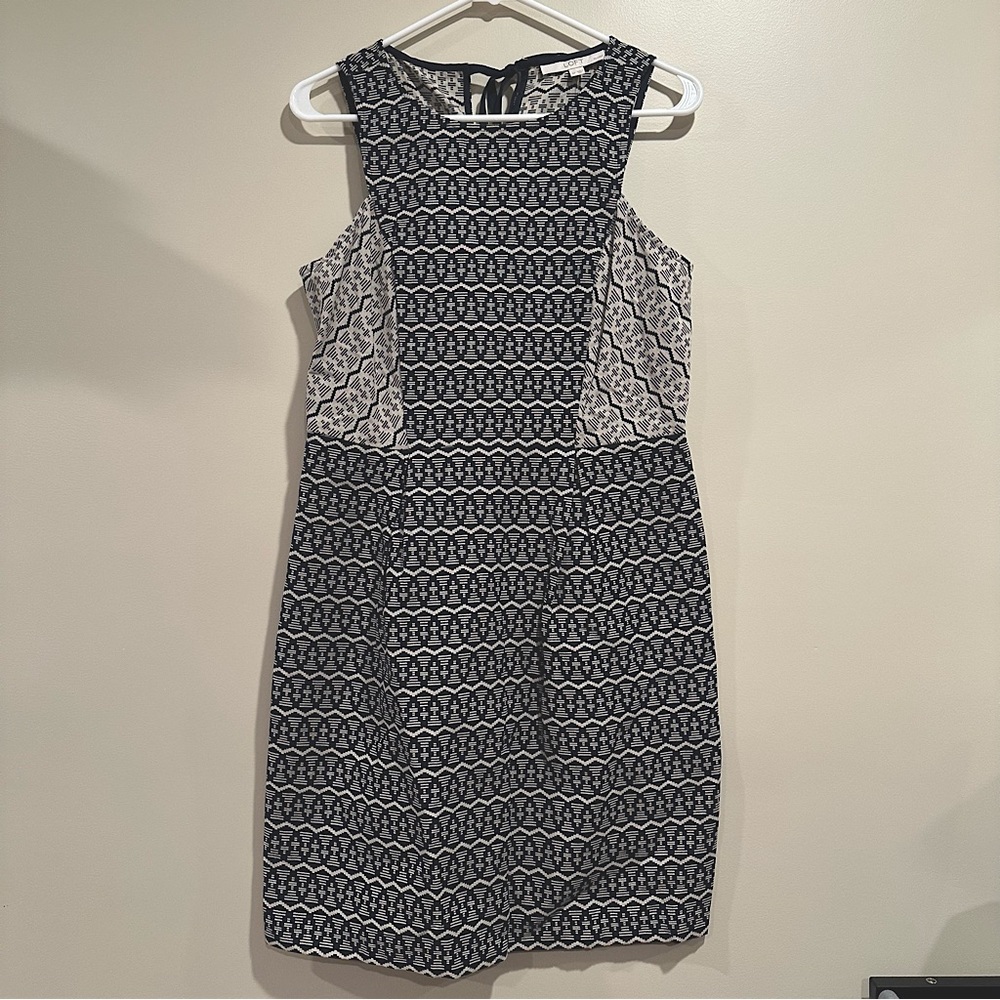 ☀️ NEW LOFT boho chic‎ tan cream navy printed dress 6 petite 6P NWT